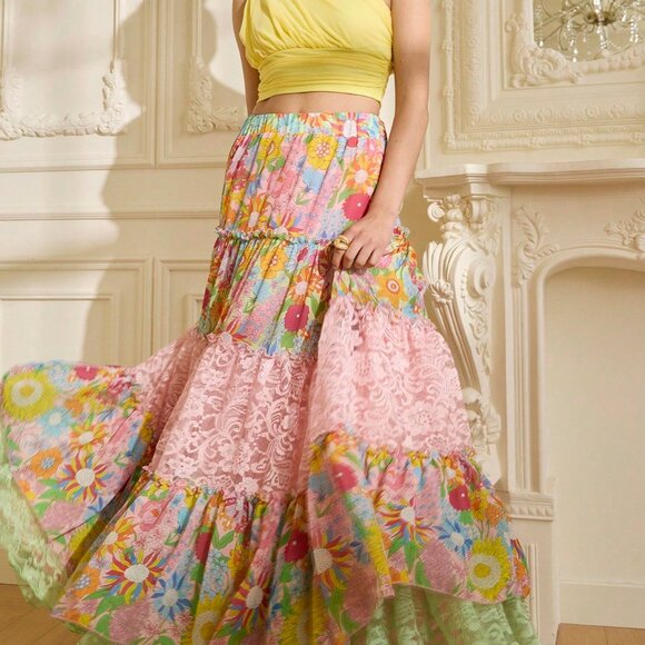 Multicolor Boho Women's Floral Print Contrast Lace A-Line Skirt - Picture 6 of 9